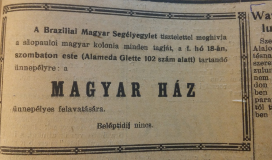 A Magyar Ház egykori felavatásának meghívója